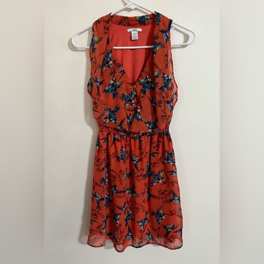Bar III Coral tropical bird print ruffled sleeveless dress, size XS